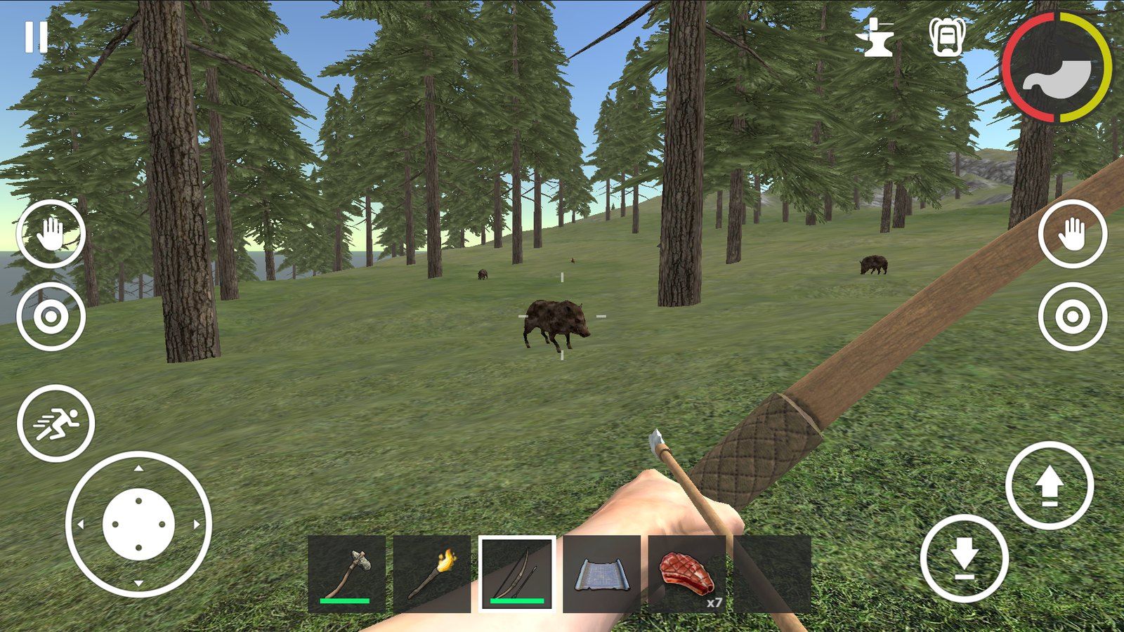 First-person view of a pine forest, bow drawn on a wild boar