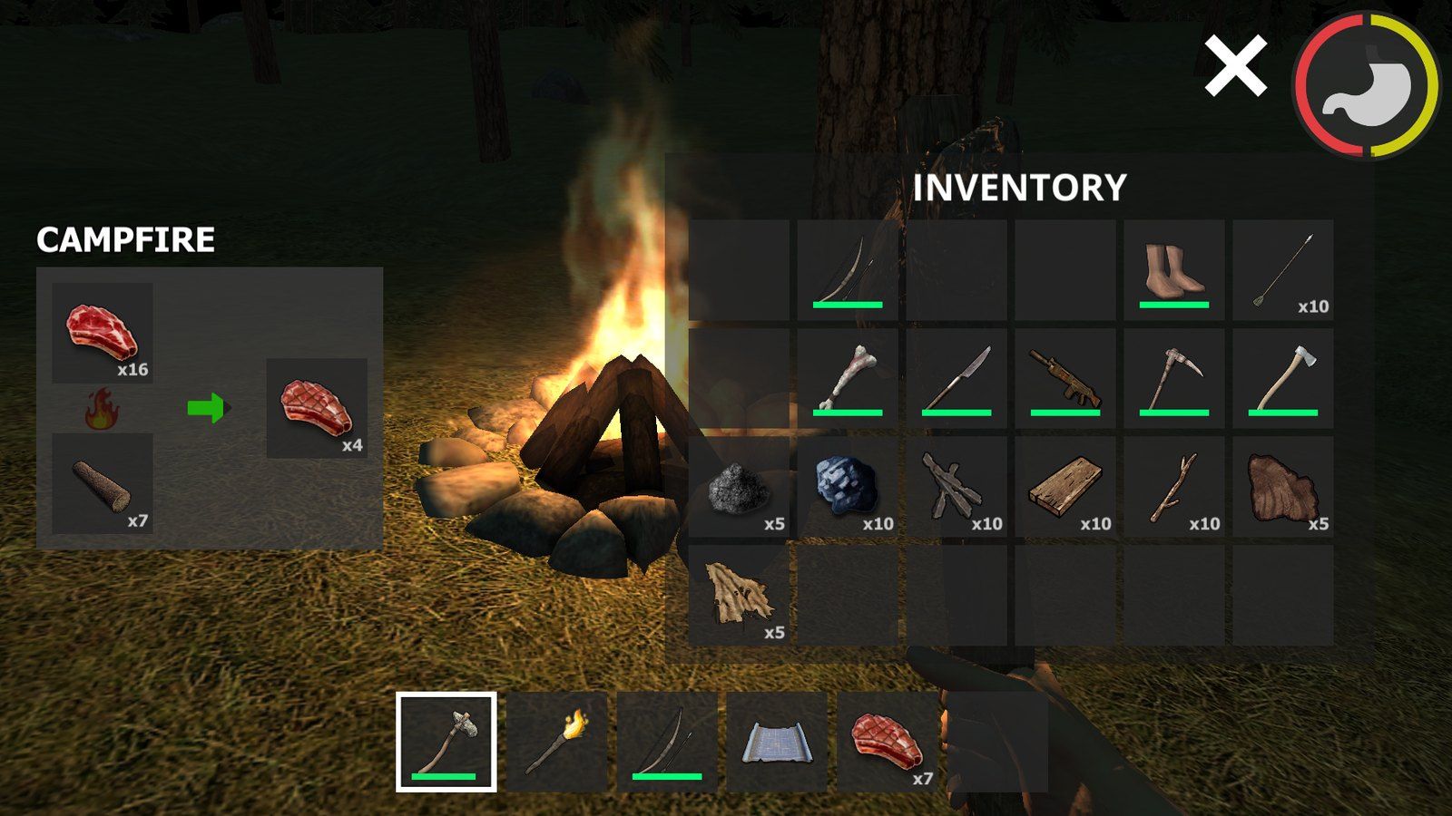Cooking meat on a campfire at night with the inventory open